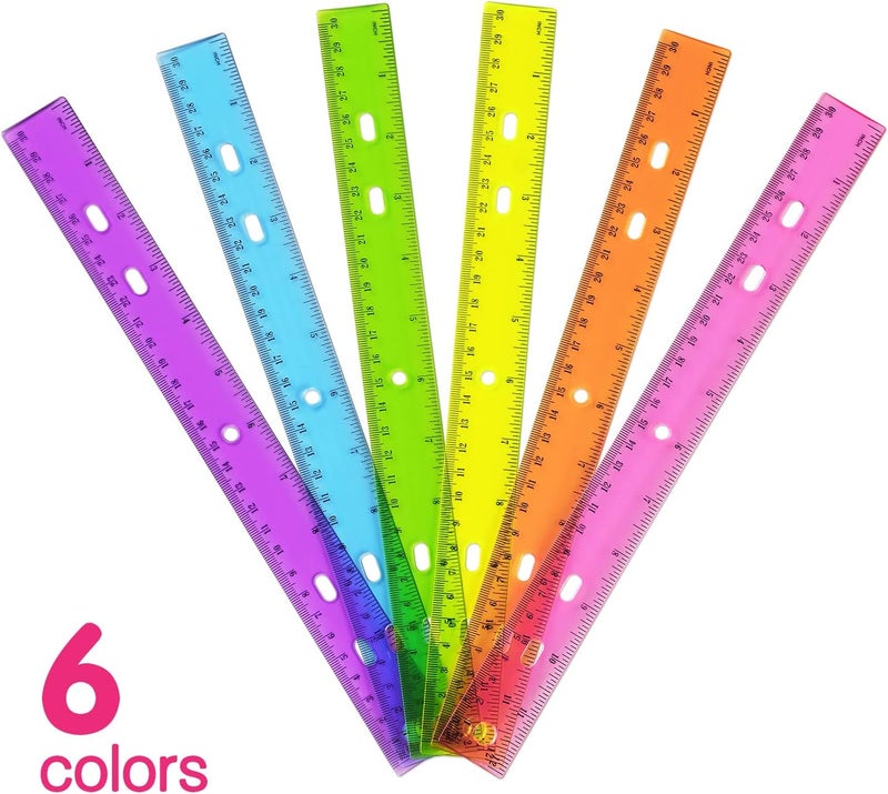 ZZTX 6 Pack Color Transparent Ruler Plastic Rulers 12 Inch, Metric Bulk Rulers with Inches and Centimeters, Kids Ruler for School, Home, Office - Image 2